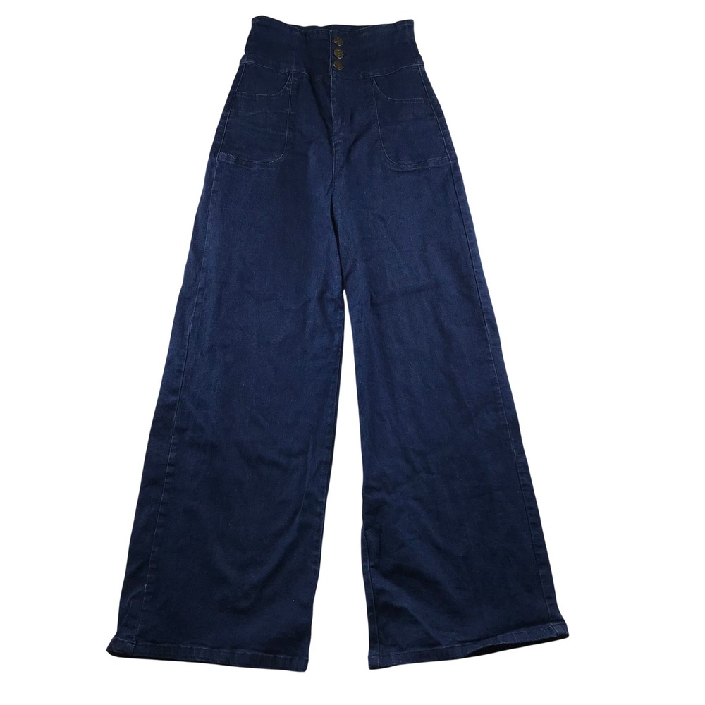 Collectif London High Waisted Wide Leg Jeans Dark Wash Blue Retro Pinup Size M